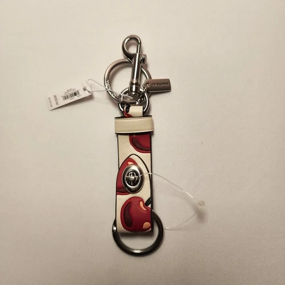 NWT Coach CZ088 Trigger Snap Bag Charm Cherry Print Chalk White Red Keychain